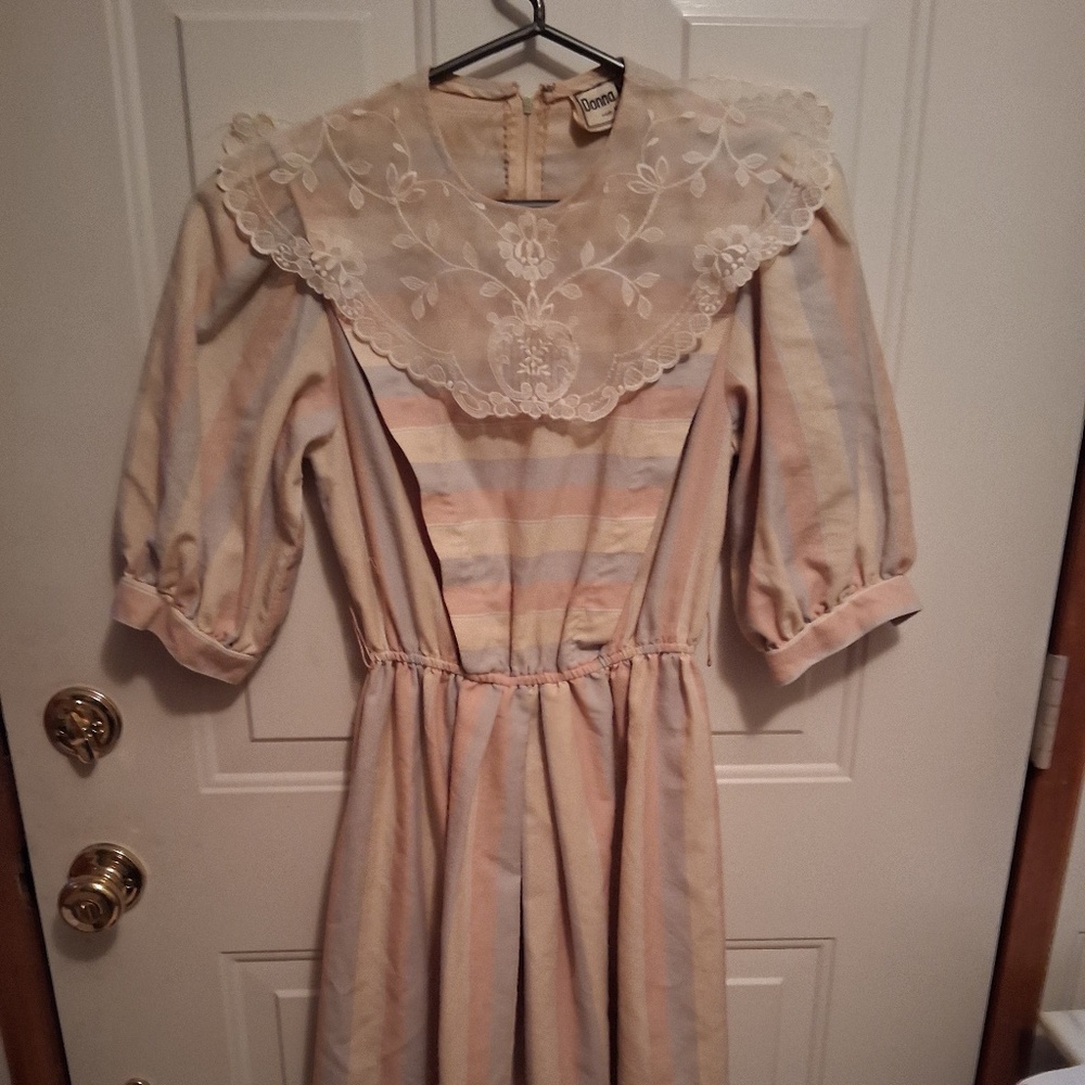 Women's Vintage Donna Morgan Dress, Gray/Pink/Cream Stripes, Size S